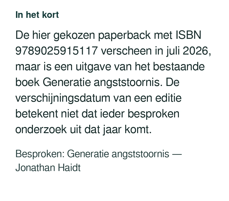 De hier gekozen paperback met ISBN 9789025915117 verscheen in juli 2026, maar is een uitgave van het bestaande boek Generatie angststoornis. De verschijningsdatum van een editie betekent niet dat ieder besproken onderzoek uit dat jaar komt. Besproken: Generatie angststoornis — Jonathan Haidt.